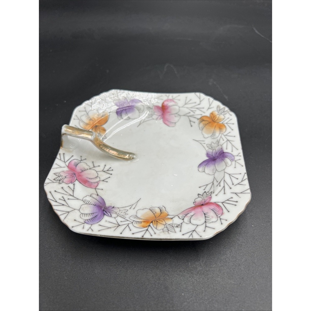 Vtg Occupied Japan Square Scalloped Floral Trinket Dish Handle Pink Purple Orang